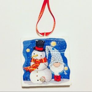 Blue Gnome & Snowman Wooden Christmas Ornament